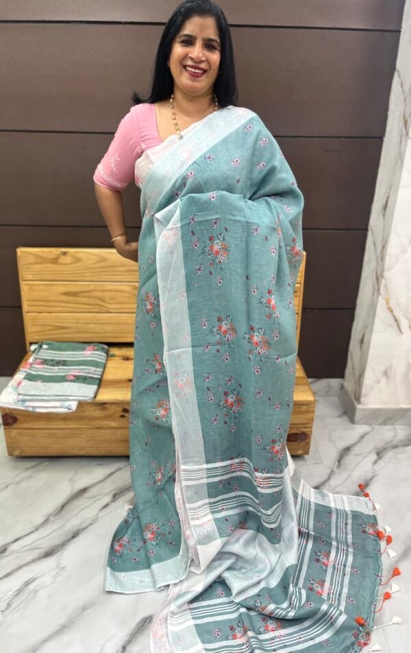 Pure linen printed Sarees-SRS00078 - Image 2