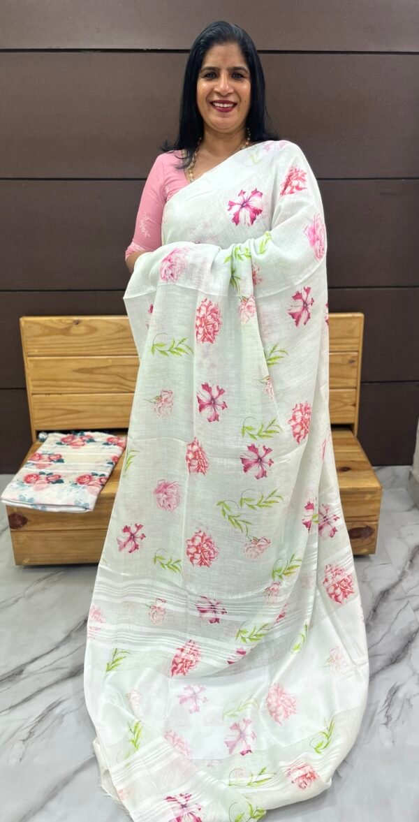 Pure linen printed Sarees-SRS00078 - Image 3