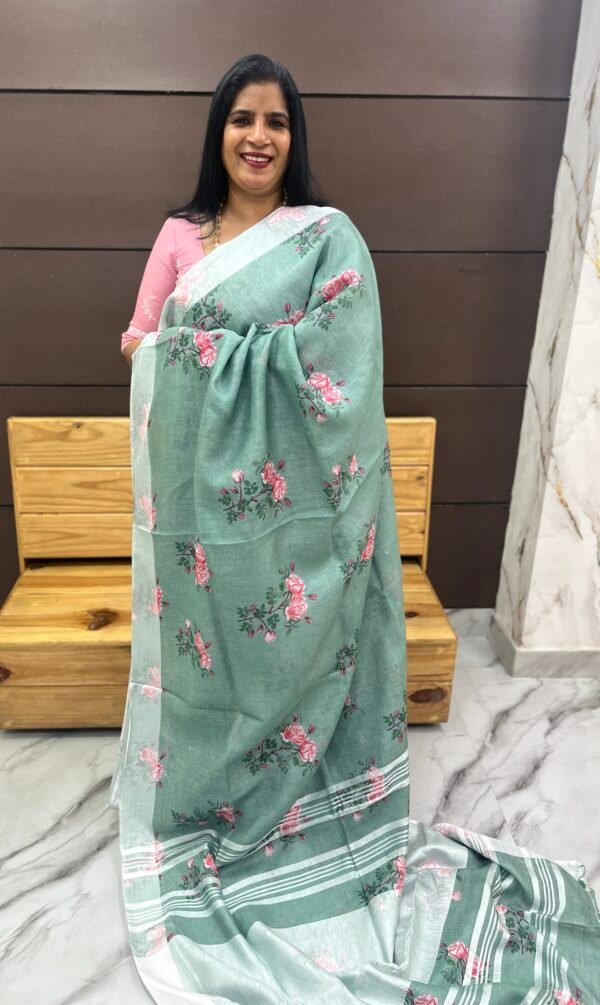 Pure linen printed Sarees-SRS00078 - Image 4